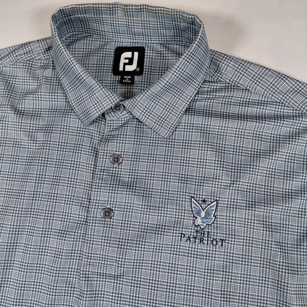FootJoy Mens XL Polo Shirt Blue White Check The Patriot Eagle Logo Golf Top